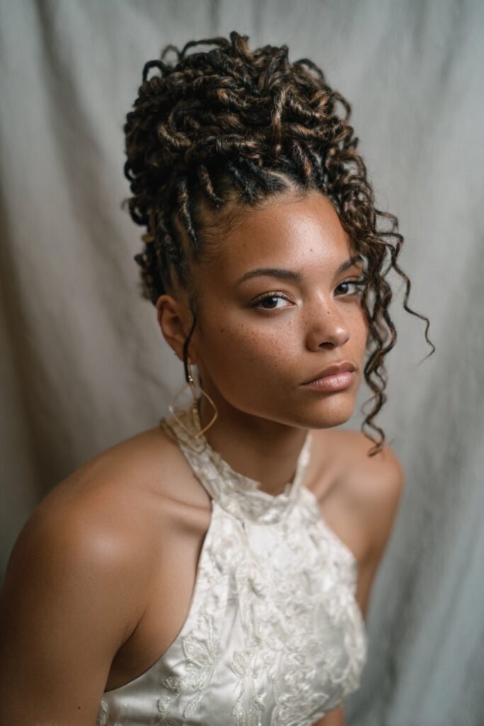 woman with basket weave loc updo hairstyle