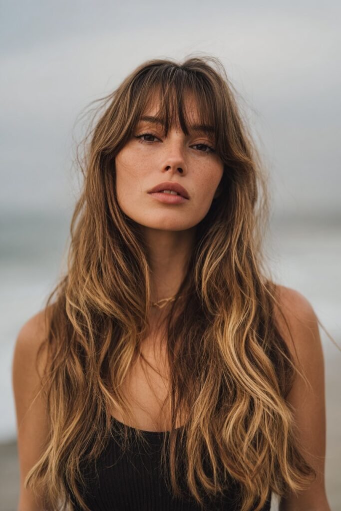 Beachy waves on long hair with relaxed side part bangs look.