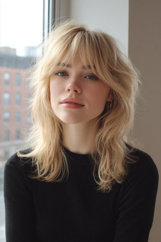 beige blonde shag haircut with feathered bangs and light layers