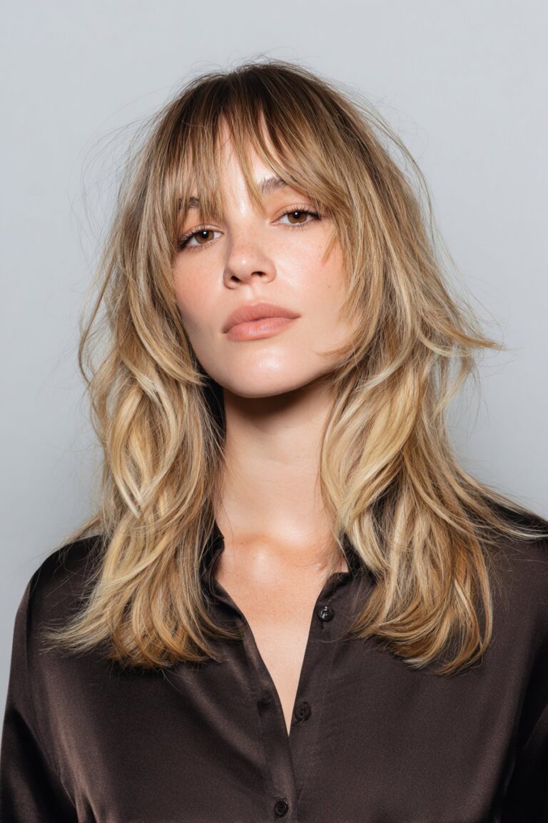 blonde balayage shag with layered texture and choppy bangs