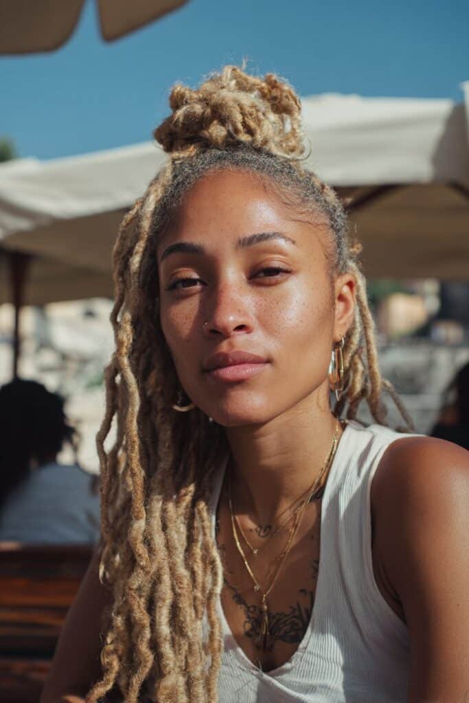 woman with blonde locs styled half up top knot with flowing length