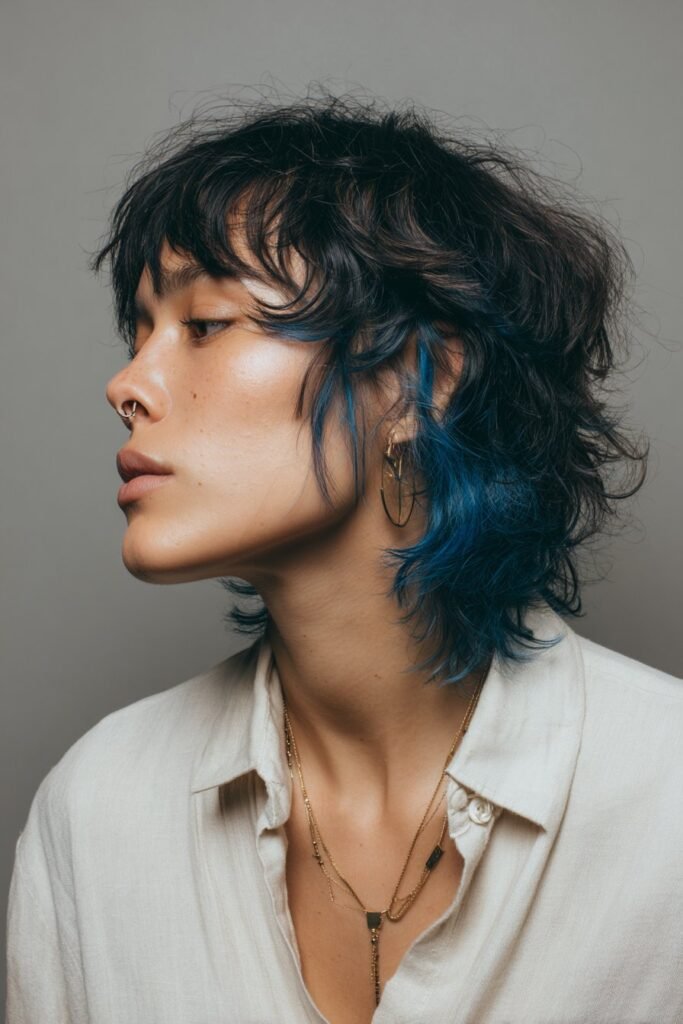 shag haircut with messy texture and hidden blue peekaboo highlights