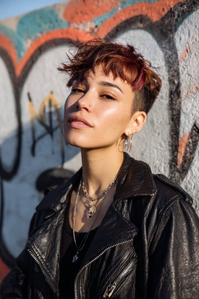 peekaboo hairstyle with bold color streaks framing the brows