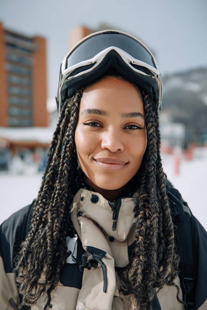 Box braids ski hairstyle for curly hair under winter gear