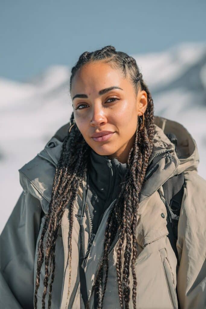 Boxer braids ski hairstyle for long hair secured under winter gear