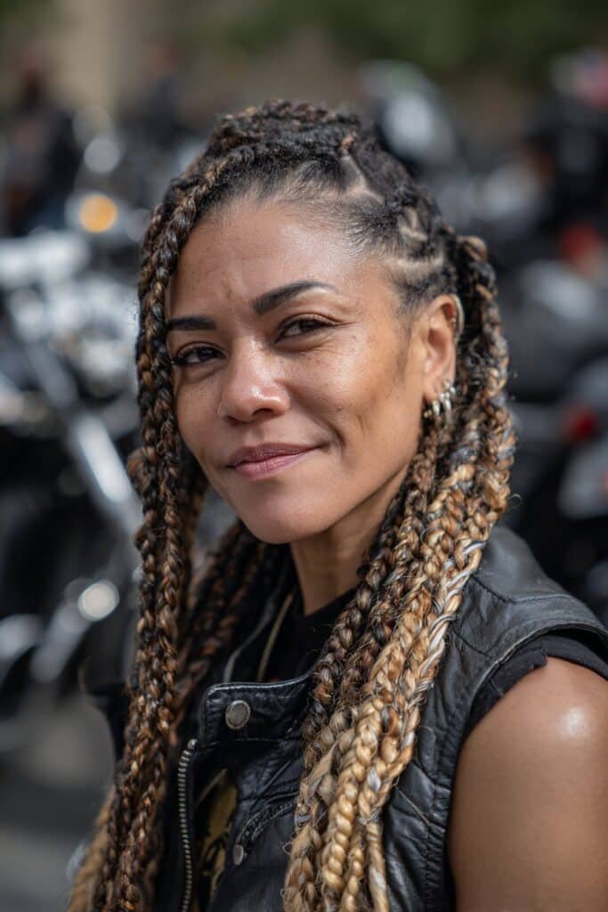 Biker woman with boxer braids hairstyle featuring colorful extensions and clean middle parting.