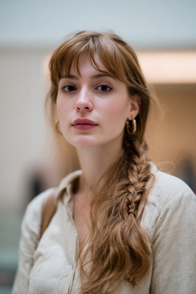 Woman with side part bangs long hair featuring a soft braided detail.