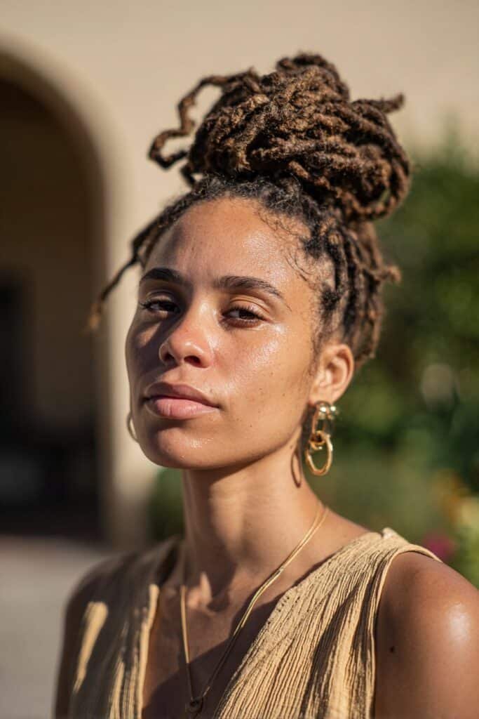 woman with braided locs in a high bun