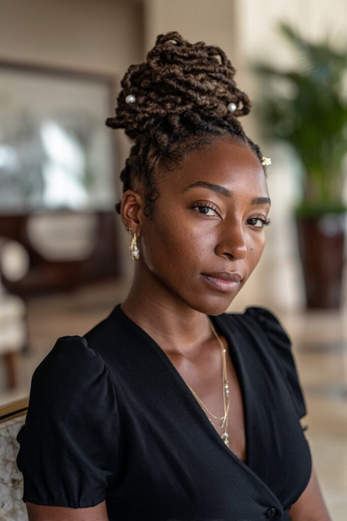 black woman wearing braided locs bun with pearl hair pins