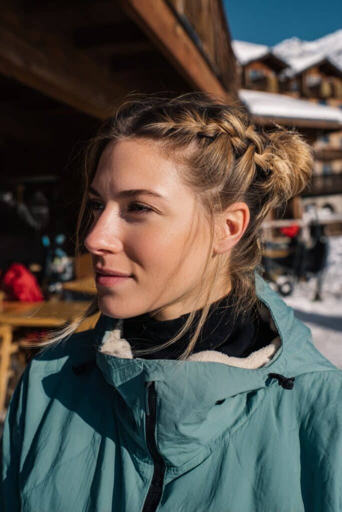 Braided low bun ski hairstyle for long hair in winter sportswear