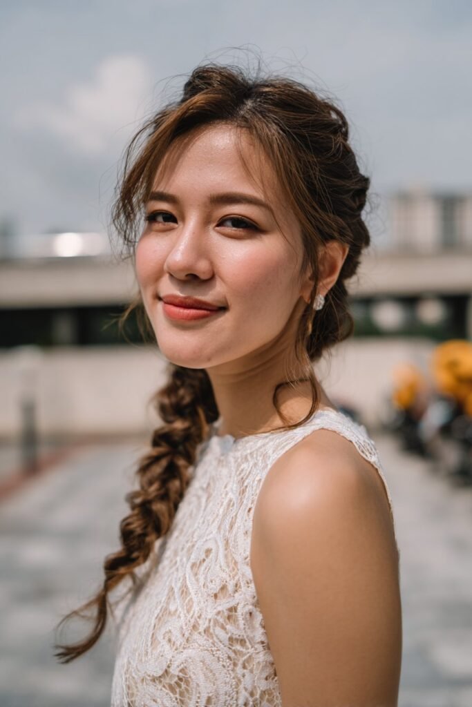Braided side halo hairstyle for bridesmaids with soft ethereal texture