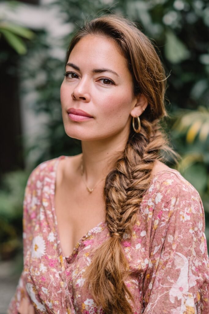 Braided side sweep hairstyle for long hair with detailed plait texture