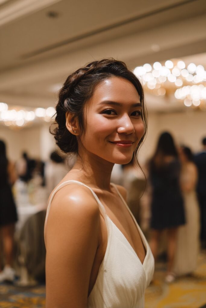 Braided side updo hairstyle for bridesmaids with romantic woven detail