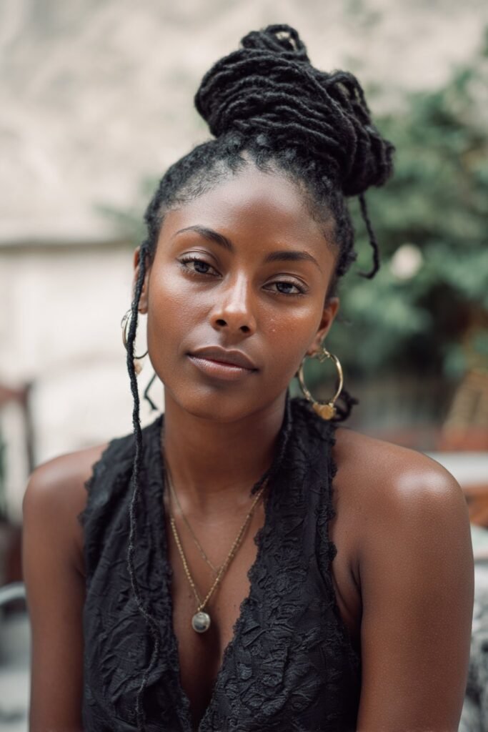 black woman with braided updo made from dreadlocks