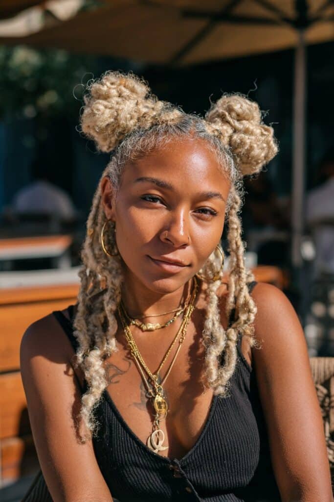 woman with bright blonde butterfly locs styled into space buns