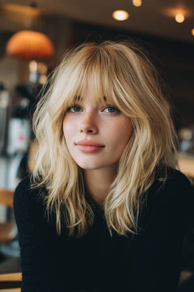 butter blonde shag haircut with full straight bangs