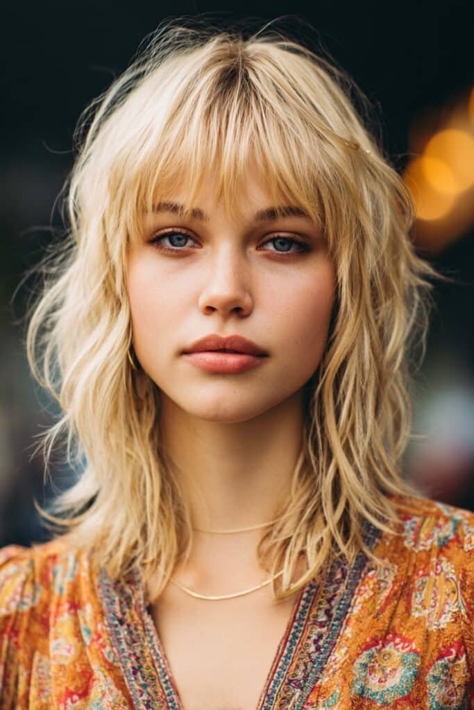 caramel blonde shag hairstyle with piecey textured bangs