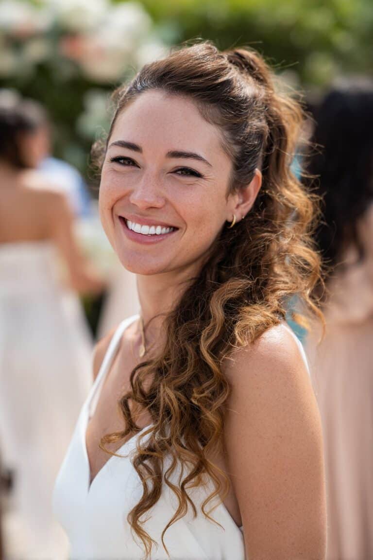 Cascading side ponytail hairstyle for bridesmaids with voluminous curls