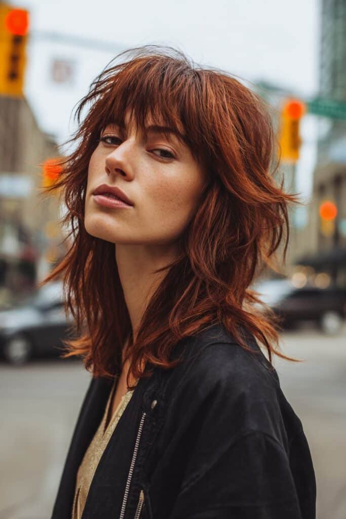 choppy layered haircut with cherry coke peekaboo color underneath