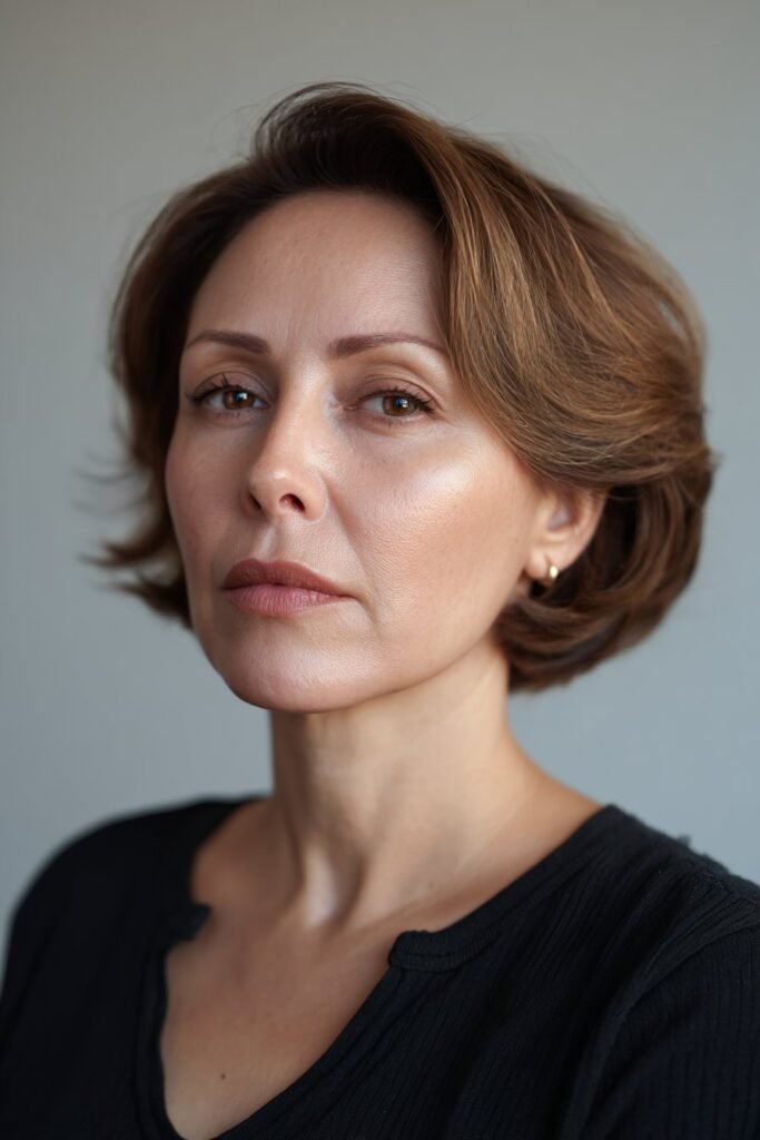 classic chin length bob on a woman with thick hair