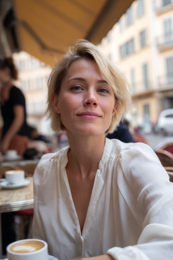 woman with classic layered short shag with bangs and soft volume