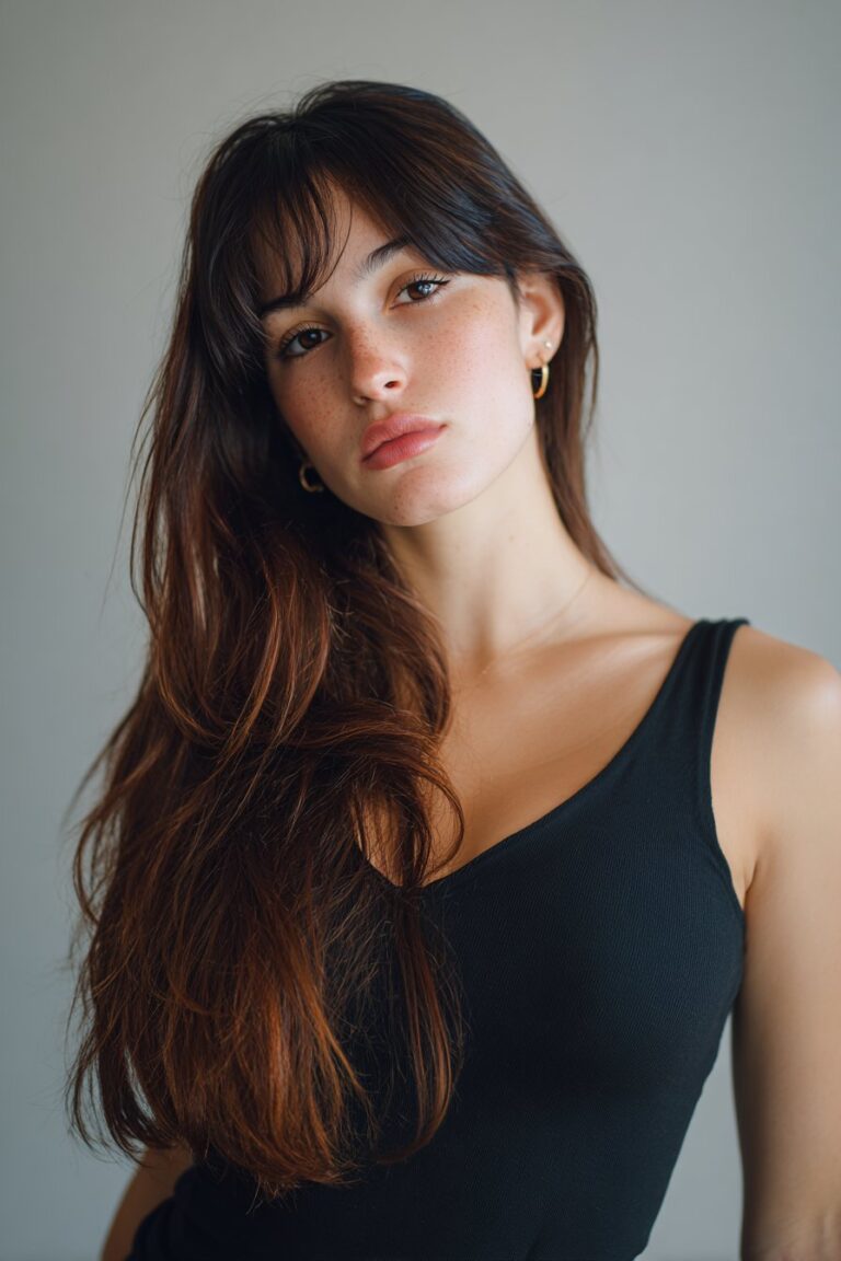 Woman with side part bangs long hair styled in a classic smooth side sweep portrait.