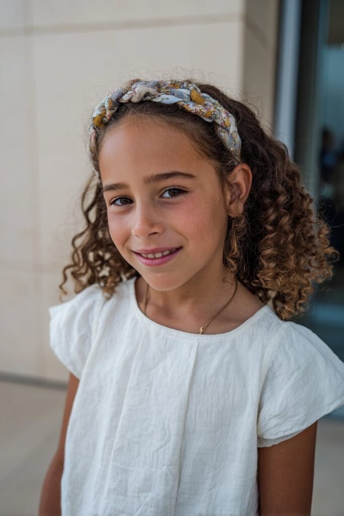 Coiled crown curly kids hairstyle with ribbon detail