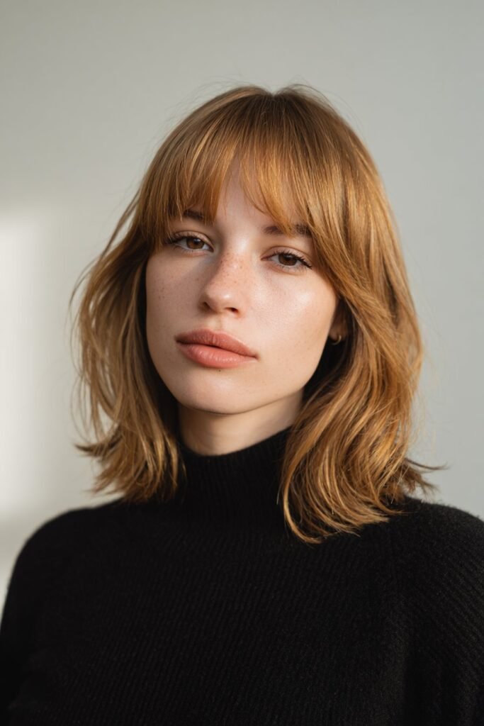 cool blonde shag haircut with blunt bangs and structured layers