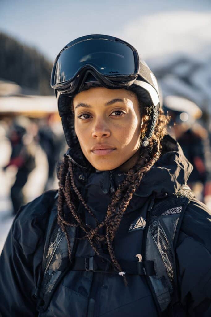Cornrows ski hairstyle for curly hair with helmet fit