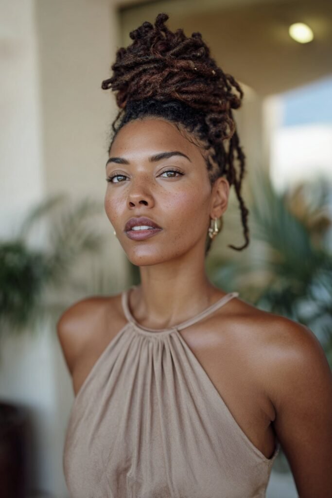 woman with crown braid loc updo hairstyle