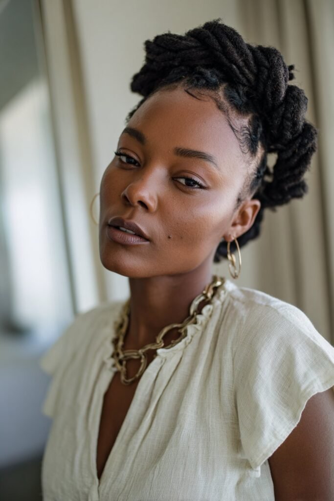 woman with short loc hairstyle in braided crown style