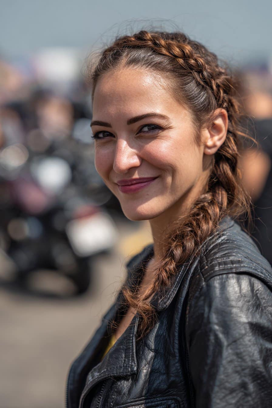 Biker woman wearing a crown braid hairstyle leading into a smooth low braid at the one side