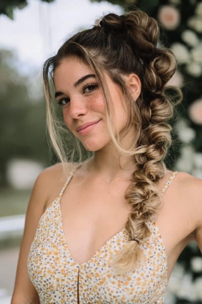 Curled side pigtail braids hairstyle for bridesmaids with playful texture