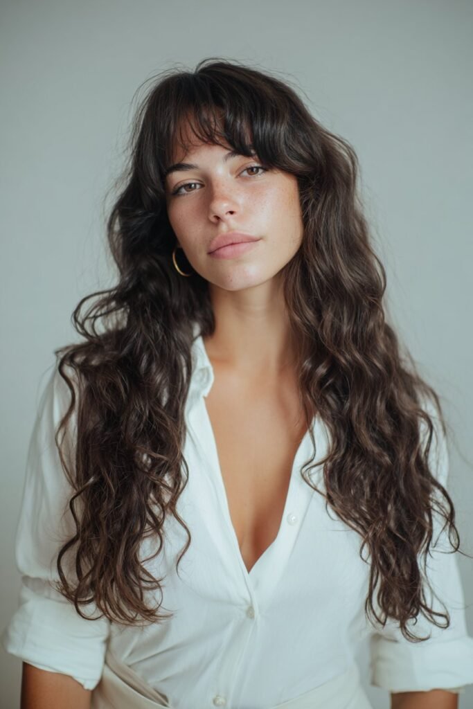 Romantic curled long hairstyle with side part bangs framing the face.
