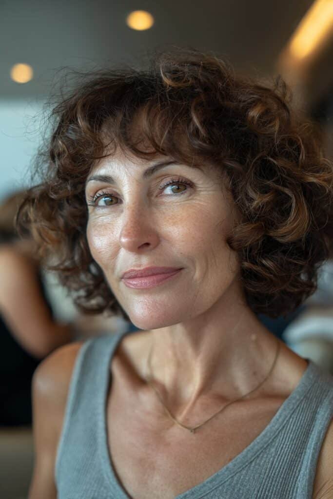 curly bob with bangs on an older woman