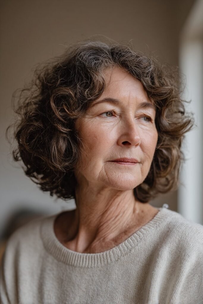 older woman wearing layered curly bob with bouncy medium length curls