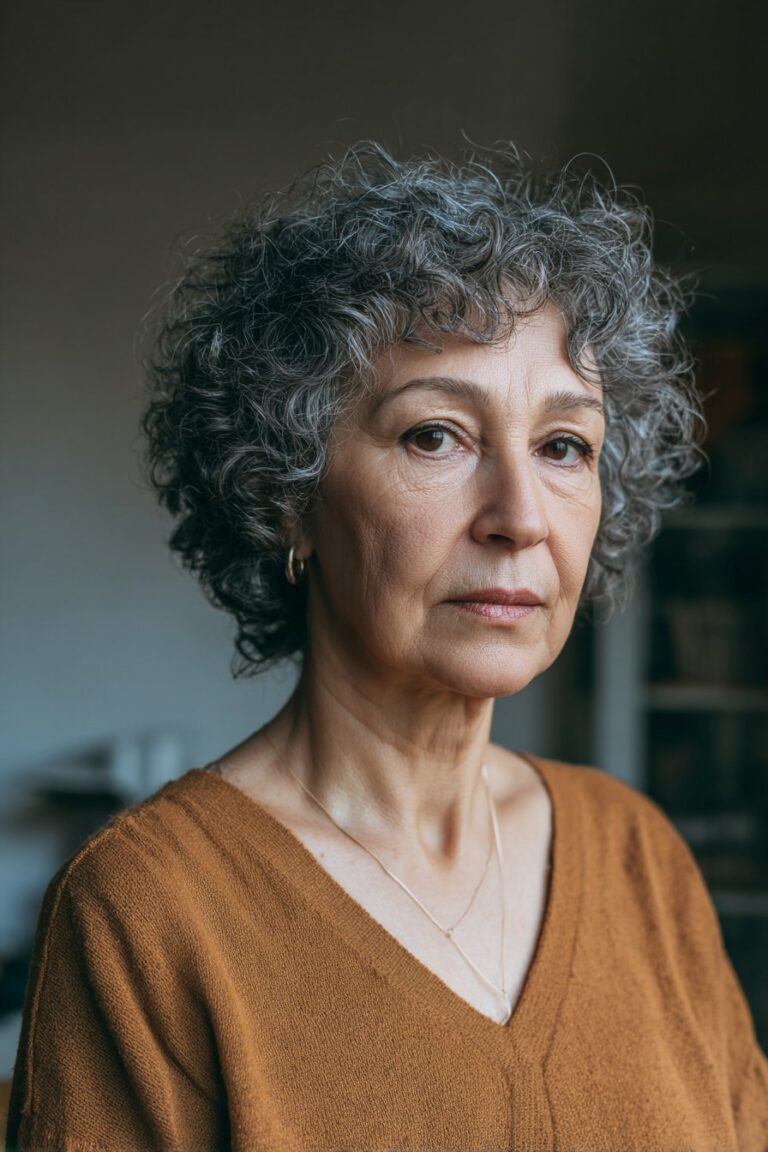 older woman with curly French crop haircut and short fringe curls