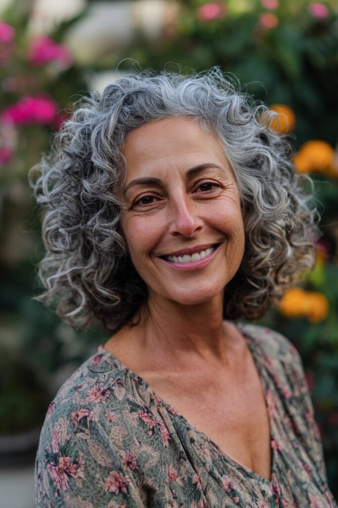 Natural curly gray hairstyle for older women with soft defined curls