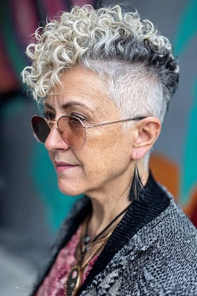 older woman wearing curly mohawk hairstyle with cropped sides