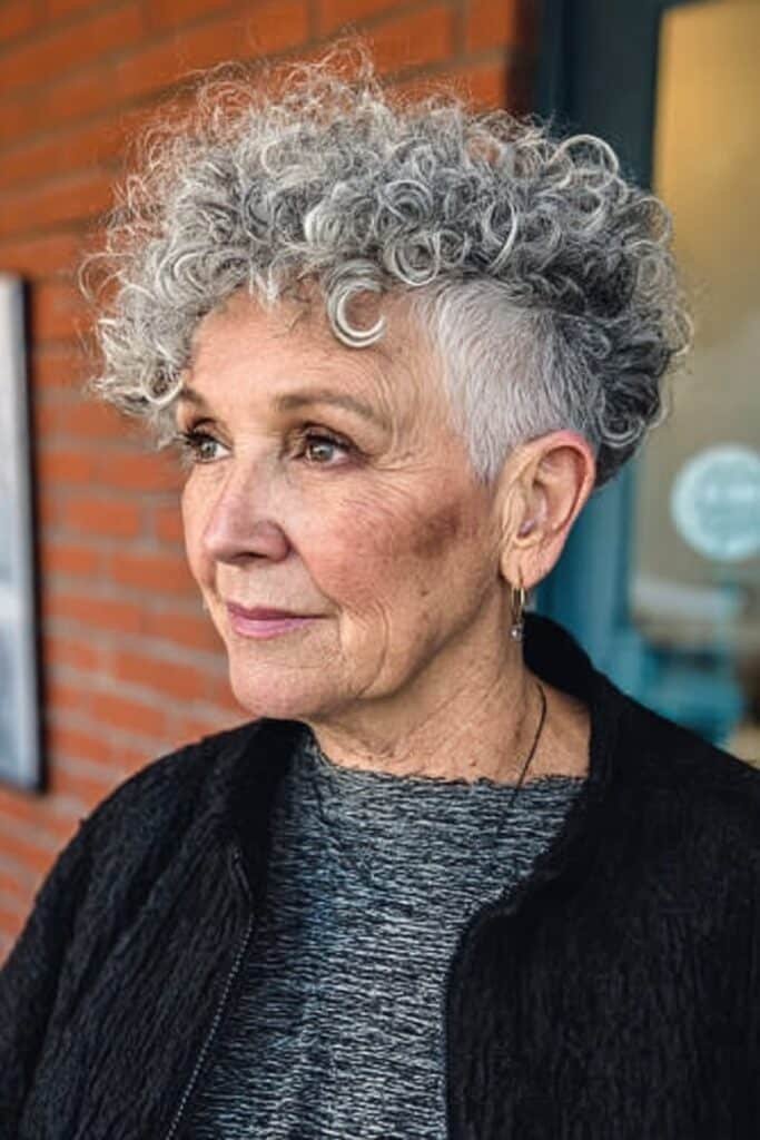 mature woman with curly undercut hairstyle and shaved sides