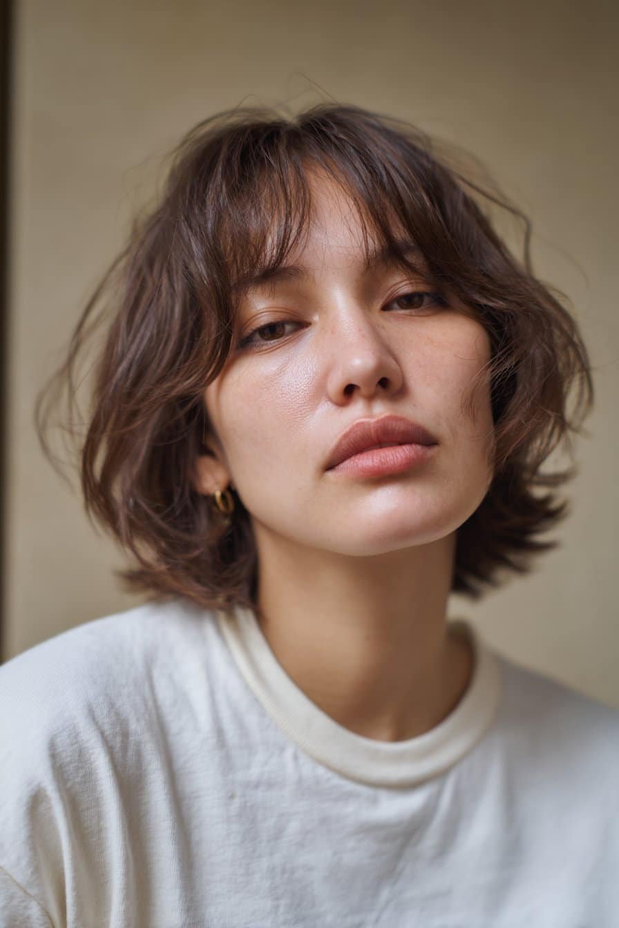 bixie haircut with soft curtain bangs framing the face