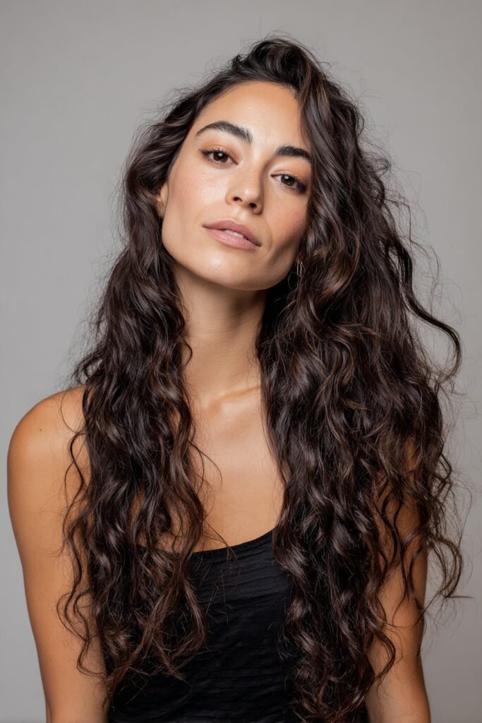 Deep side part hairstyle for long hair with flowing cascading curls