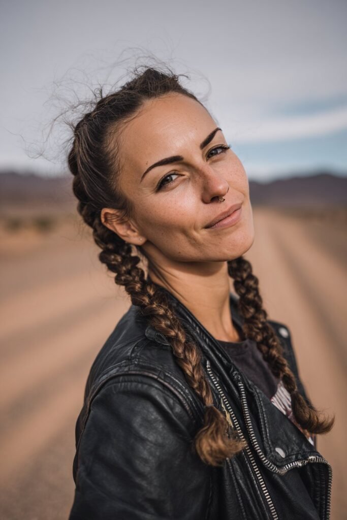 Confident woman showing double Dutch braids biker hairstyle with clean middle part and tight braiding.