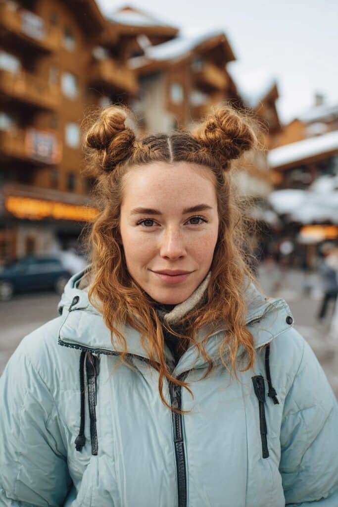 Double Dutch buns ski hairstyle for long hair in winter setting