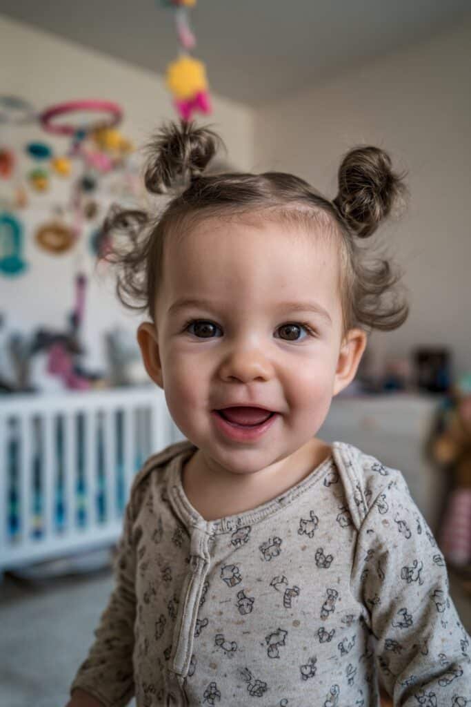 baby girl hairstyle with cute double top knots