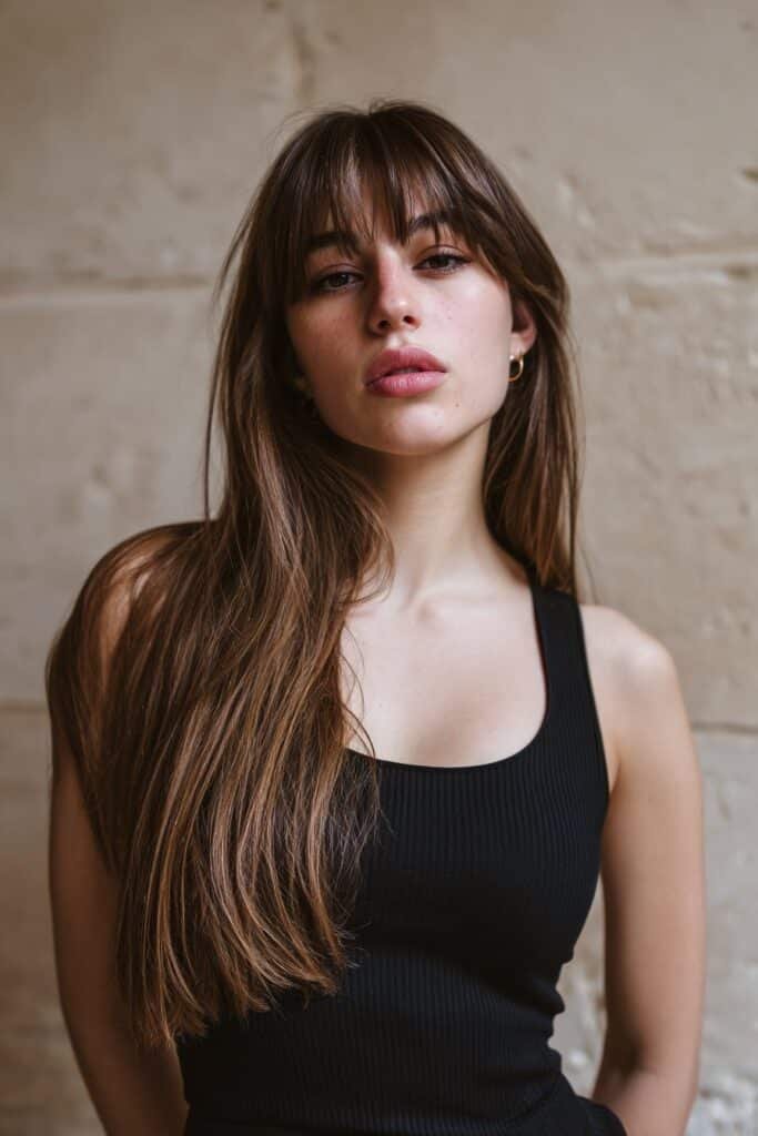 Woman wearing dramatic deep side part bangs with sleek long flowing hair.