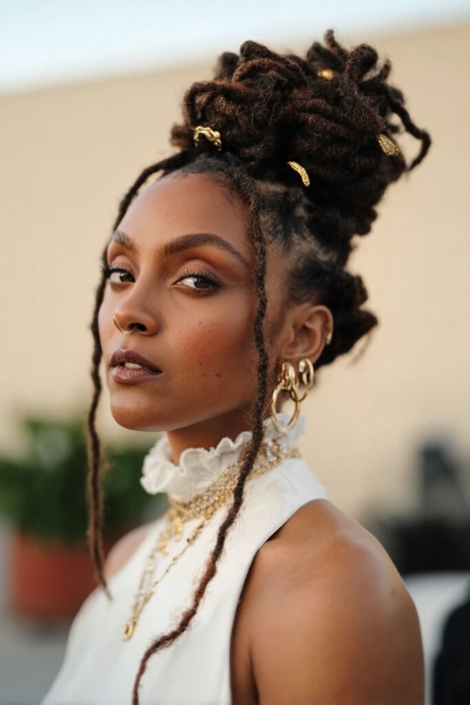 black woman with dreadlock bun styled with gold cuffs