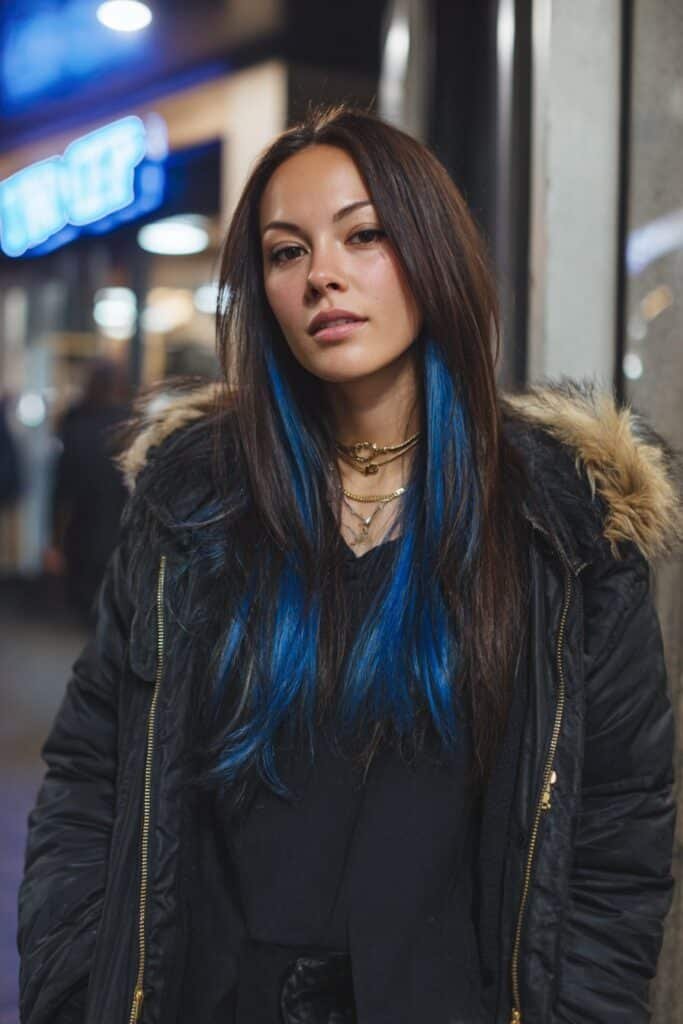 medium length hairstyle with electric blue peekaboo color underneath