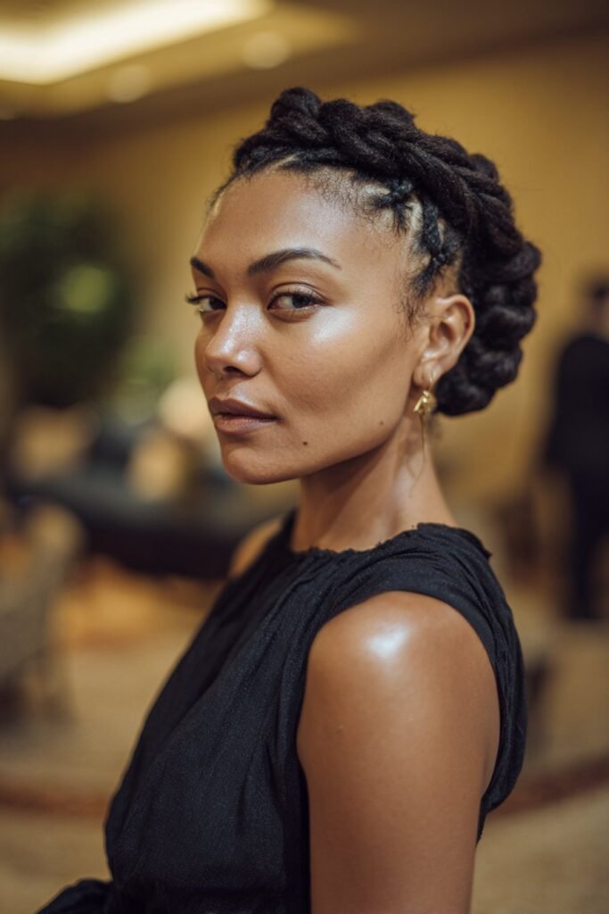 woman with elegant loc chignon updo hairstyle