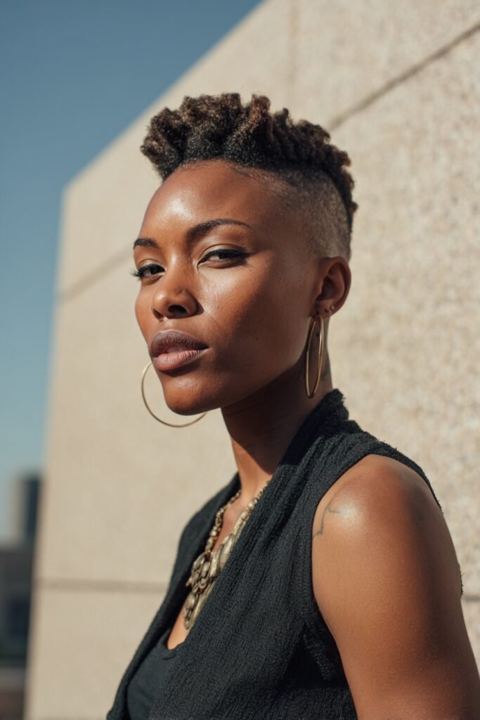 black woman styled in faux hawk using retwisted locs
